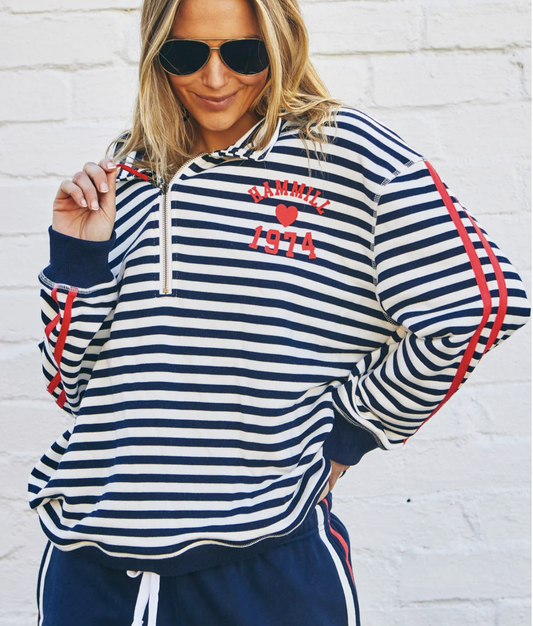 RETRO STRIPE COLLARD ZIP SWEAT - NAVY/WHITE