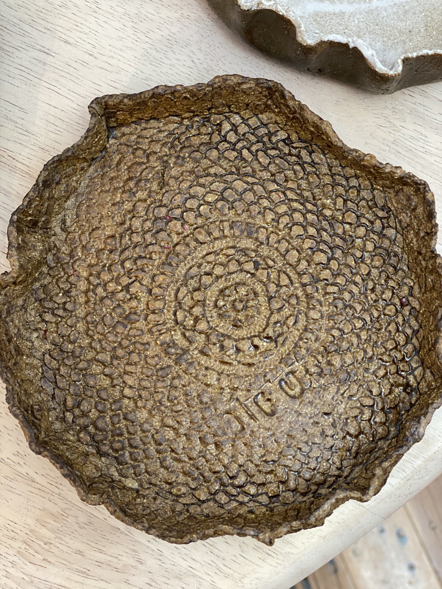 Hand Made Pottery Small Round Dish brown with pattern