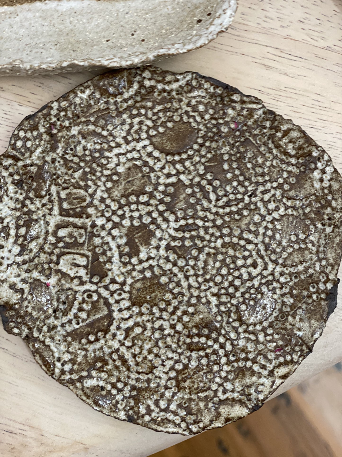 Hand Made pottery small brown dish with pattern