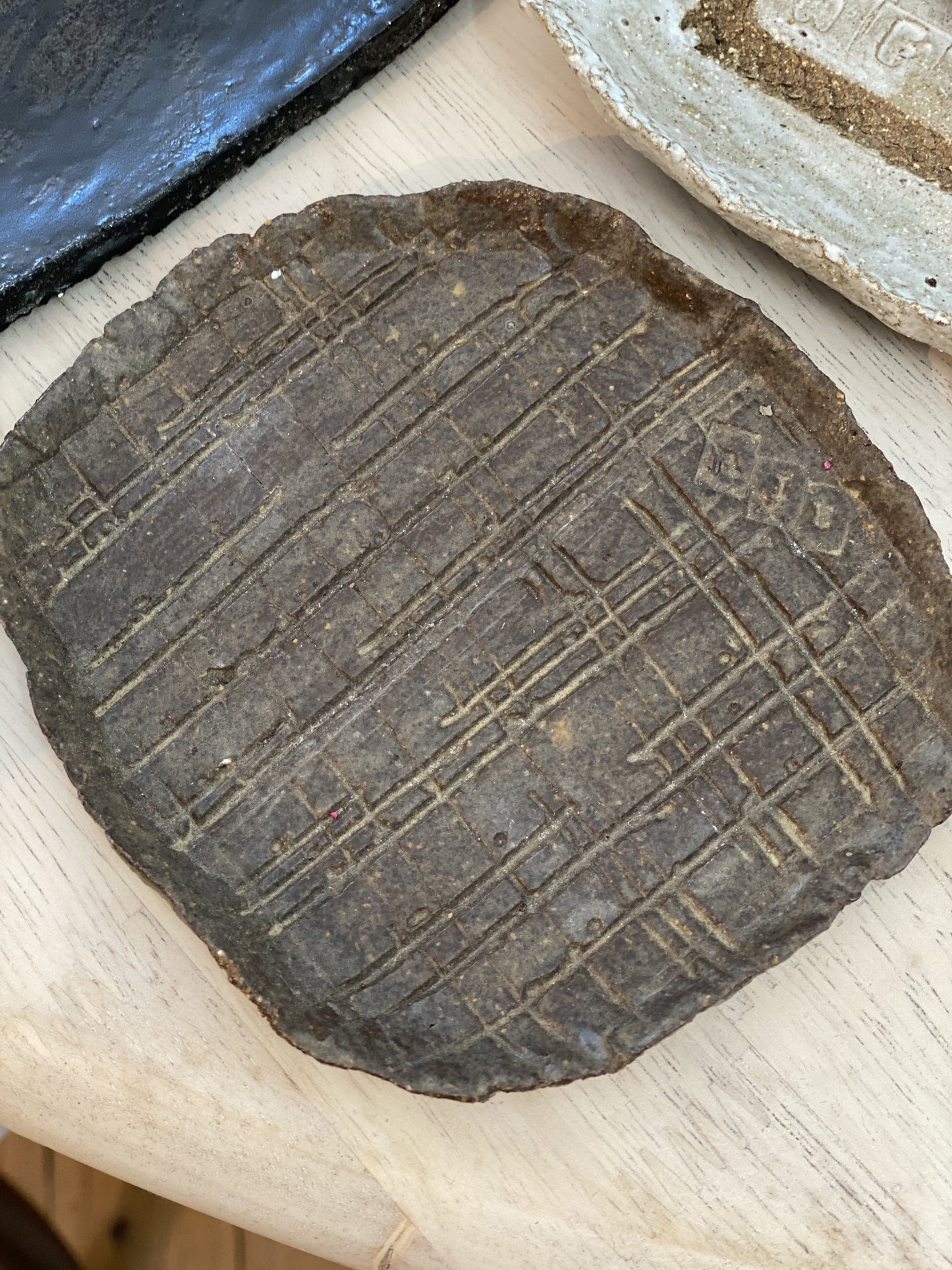 Hand Made Pottery brown dish small with pattern