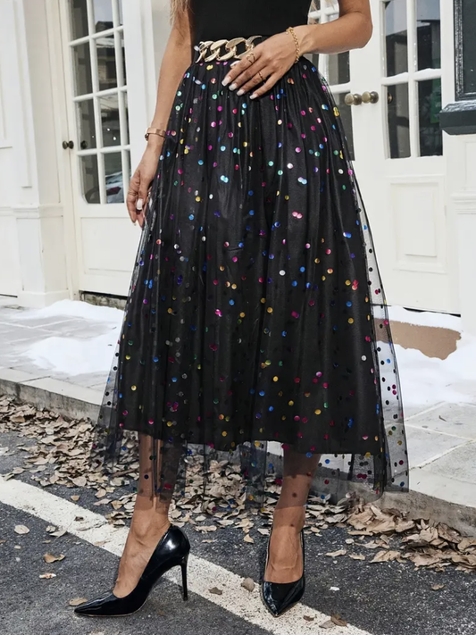 Black Party Polka Dot Skirt with Gold Buckle