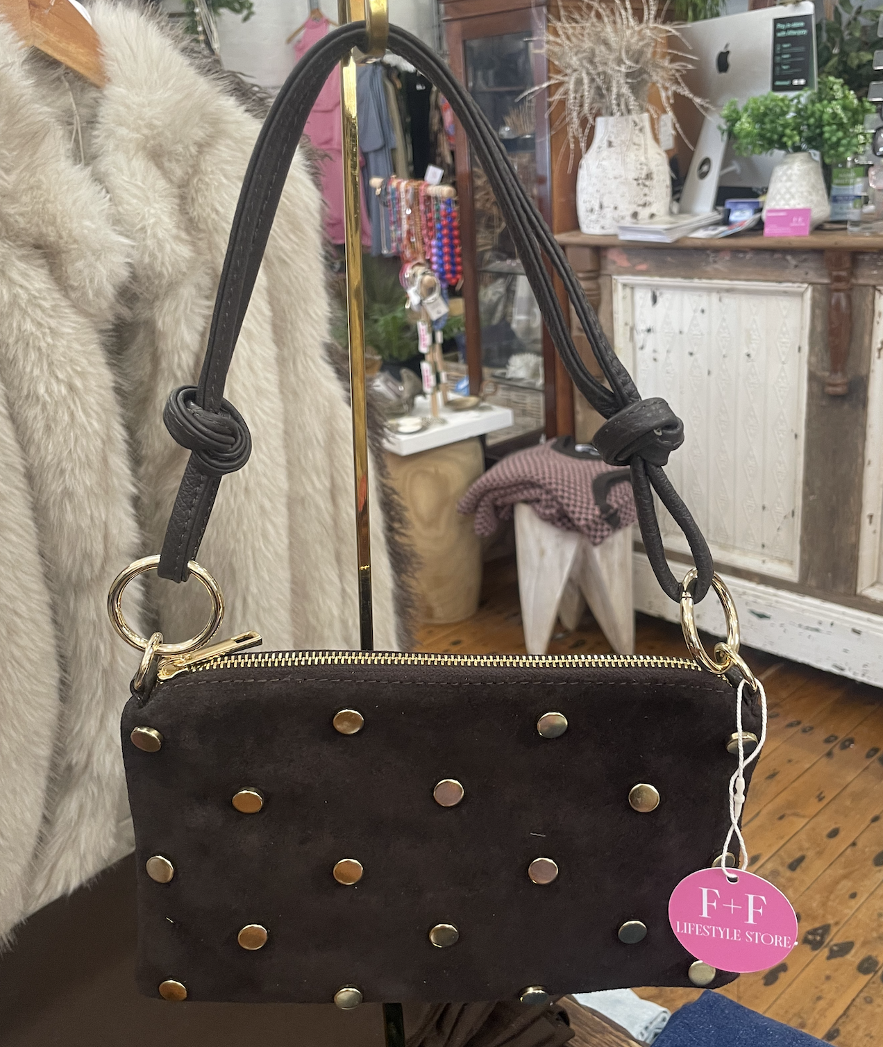Chocolate Stud Suede Bag