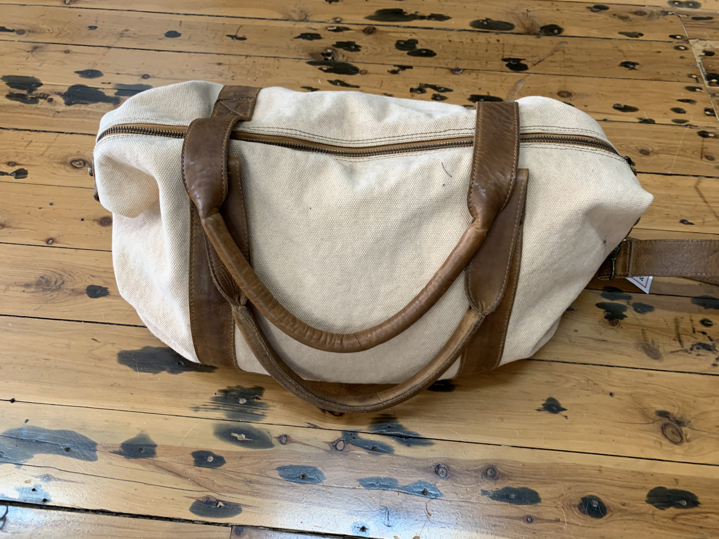 Peach Canvas & Tan Leather Duffle Weekender Bag