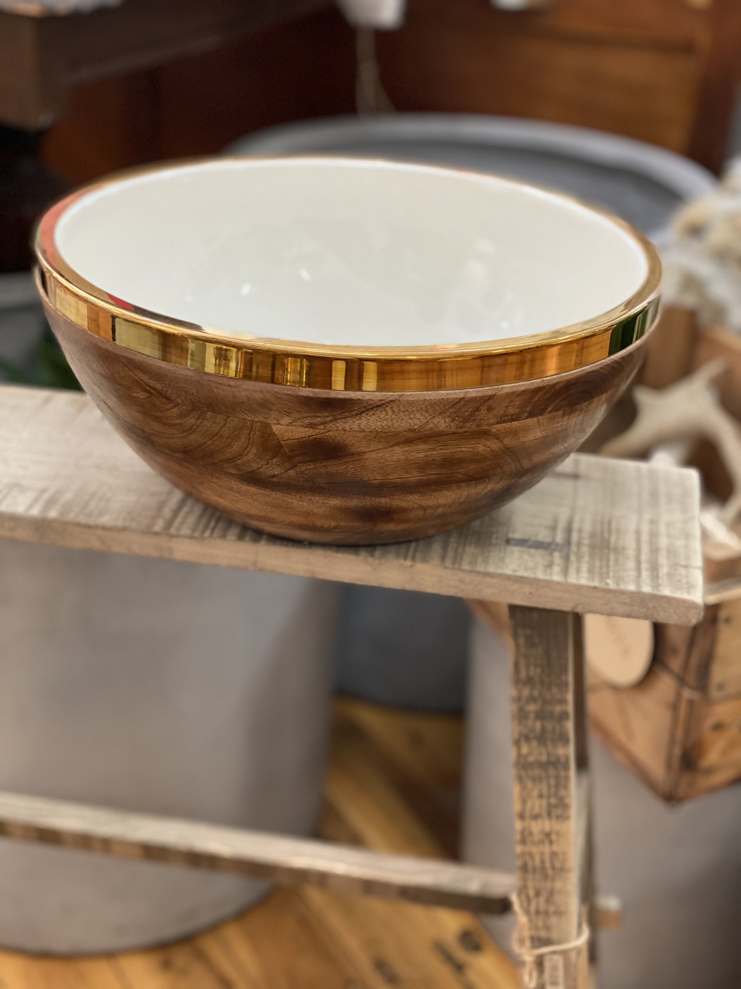 Enamel Wood Bowl Brass Edge Large