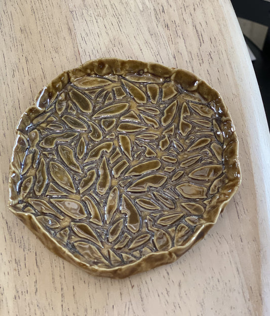 Hand made pottery small dish gloss with mustard leaf pattern