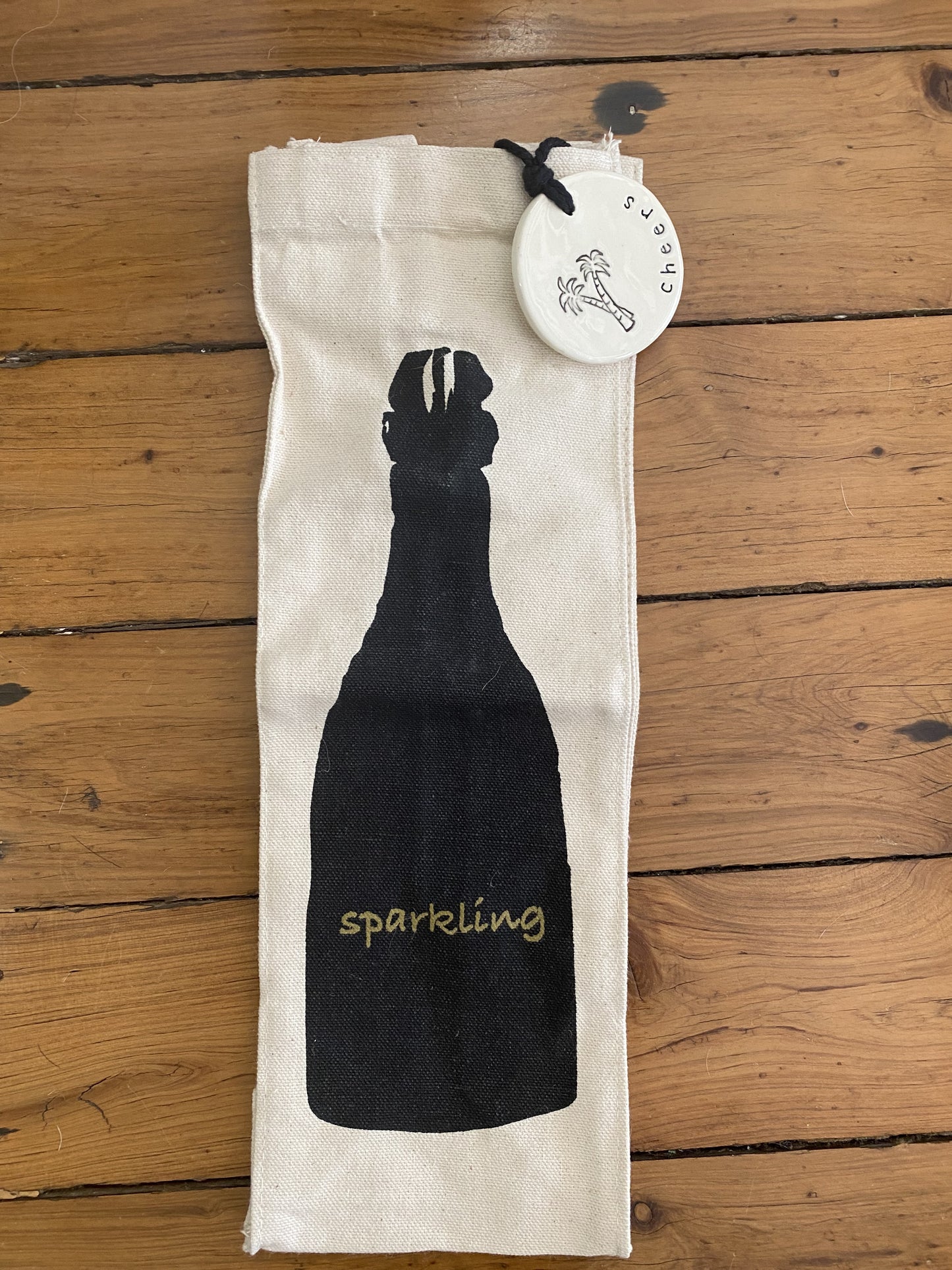 Cotton Bottle bag with tag- Palm Cheers