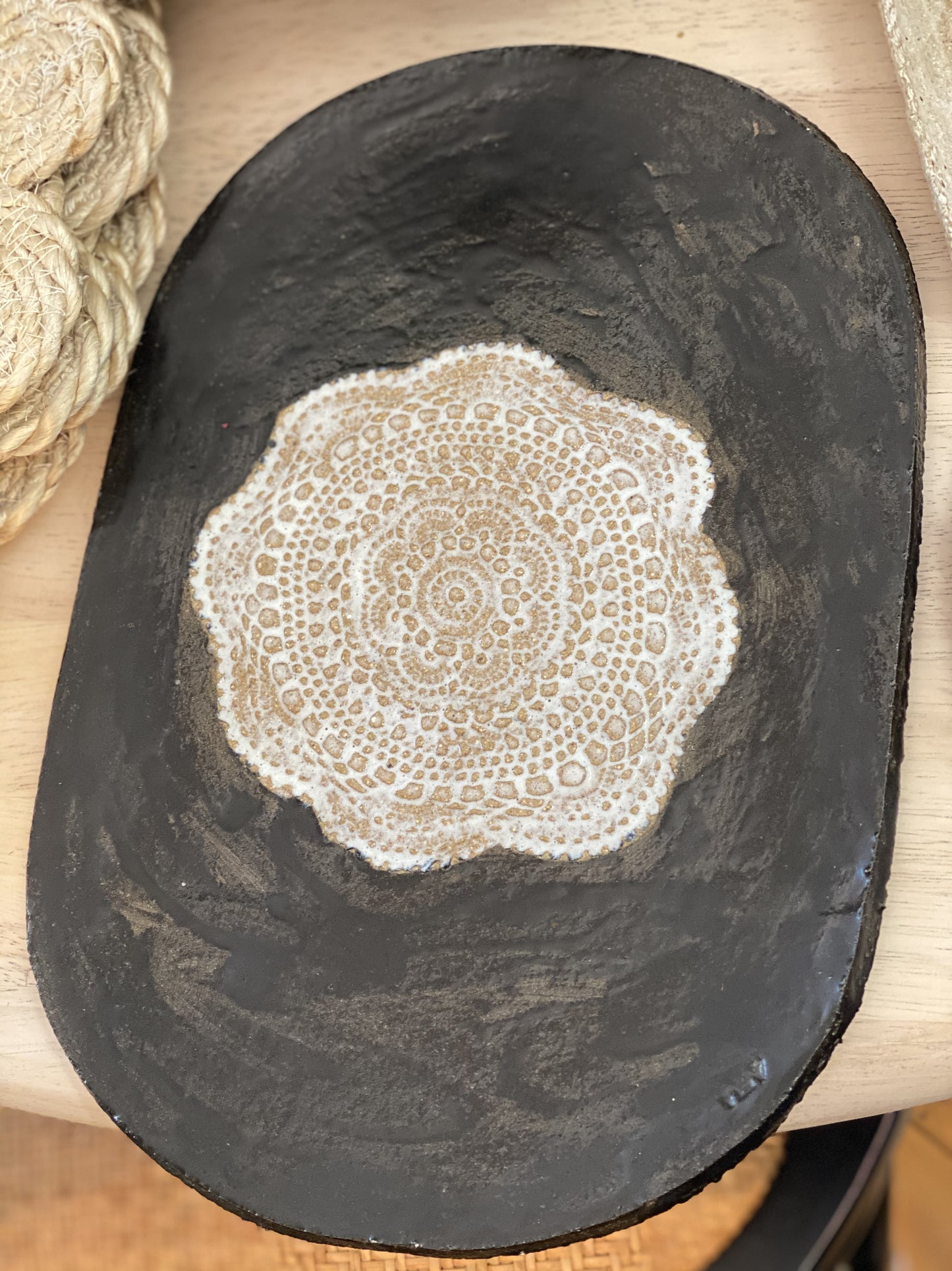 Hand Made Pottery oval platter with white lace pattern